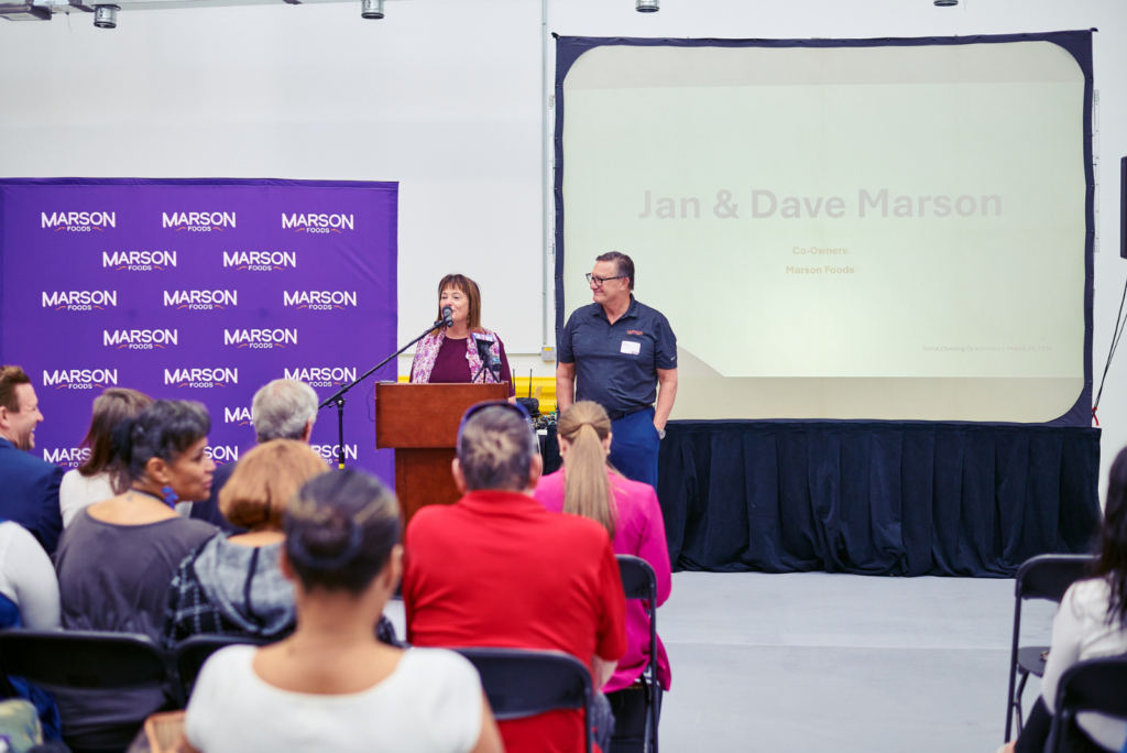 Jan and Dave Marson, co-founders of Marson Foods, at the ribbon-cutting for the company's Hazelton, MO, facility