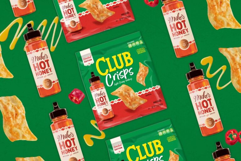 Bags of Club Crisps with Mike's Hot Honey bottles.