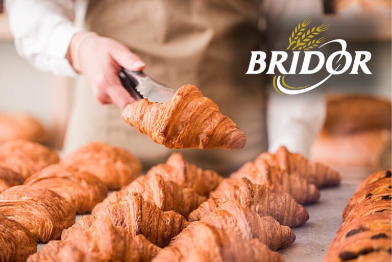 tray of croissants with Bridor logo in upper right corner