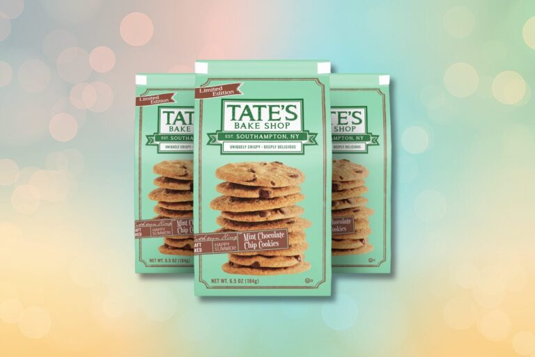 Packages of Tate's Mint Chocolate Chip Cookies on gradient background.