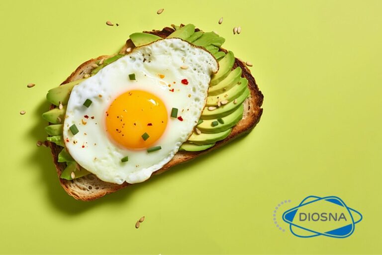 Avocado toast on green background; Diosna logo