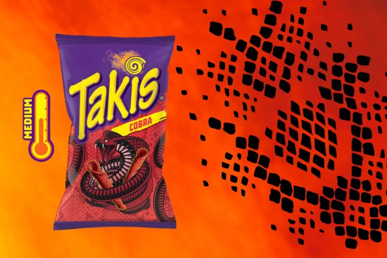 Bag of Takis Cobra on snake-print background.