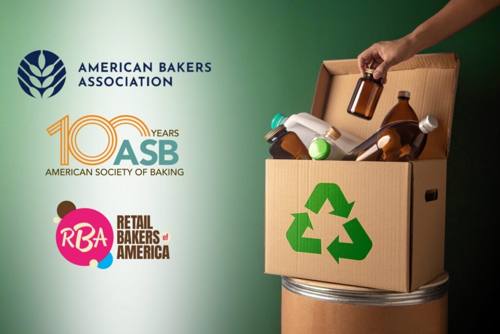 The American Bakers Association, American Society of Baking and Retail Bakers of America logos on gradient green background next to a recycling bin.