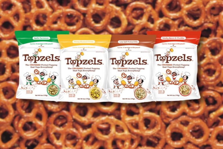 Photo of new Topzels packaging on blurred pretzel background.