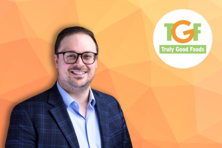 Headshot of Eric Leonard on gradient orange background with Truly Good Foods logo.