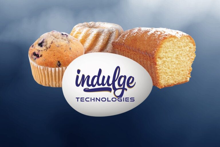 Indulge logo with muffins and cake on gradient blue background.