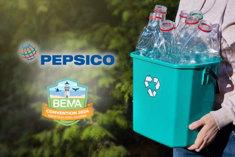 PepsiCo and BEMA 2024 logos on recycling bin with an earthy background.