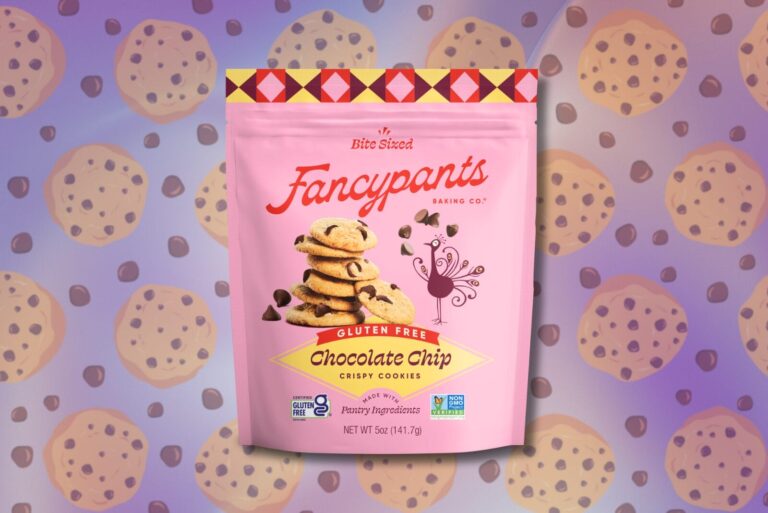 Package of Fancypants' gluten-free cookies on gradient purple background with cookie graphics.