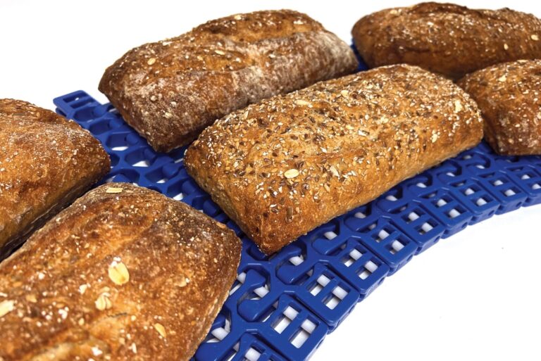 Bread loaves on plastic belt line.
