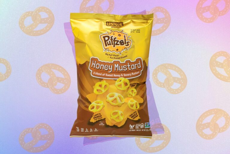 Package of Puffzels on purple background with pretzel graphics.