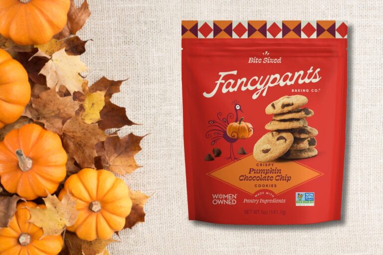 Package of Pumpkin Chocolate Chip cookies on fall background with pumpkins.