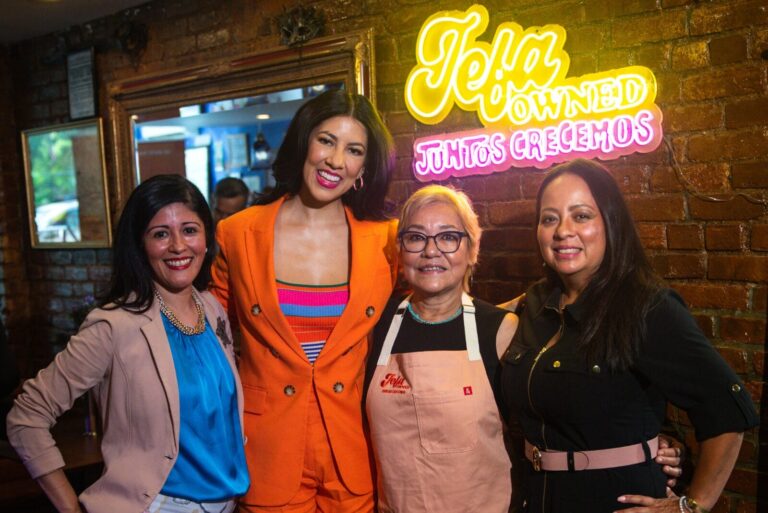 Evelyn Barahona (United States Hispanic Chamber of Commerce), Stephanie Beatriz, Maria Gonzalez (owner, Bistró Casa Azul), and Esperanza Teasdale (PepsiCo), gather to kick off year three of the Jefa-Owned campaign.