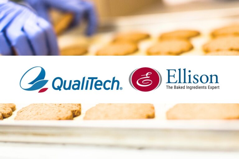 QualiTech and Ellison Bakery logos on white box with cookies on a tray in the background