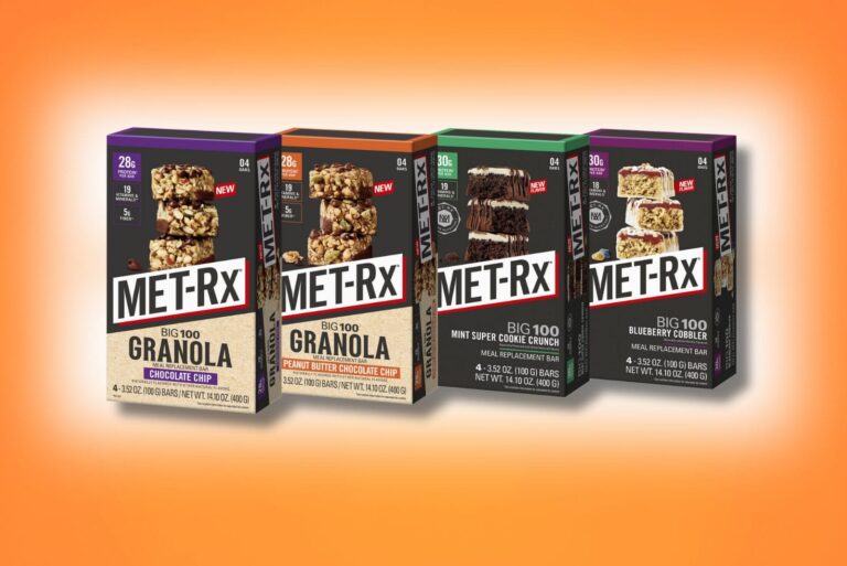 Package of granola and protein bars on gradient orange background.