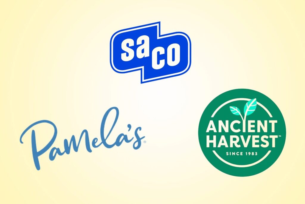 Logos of Pamela's, Ancient Harvest, and Saco Foods on a gradient yellow background.