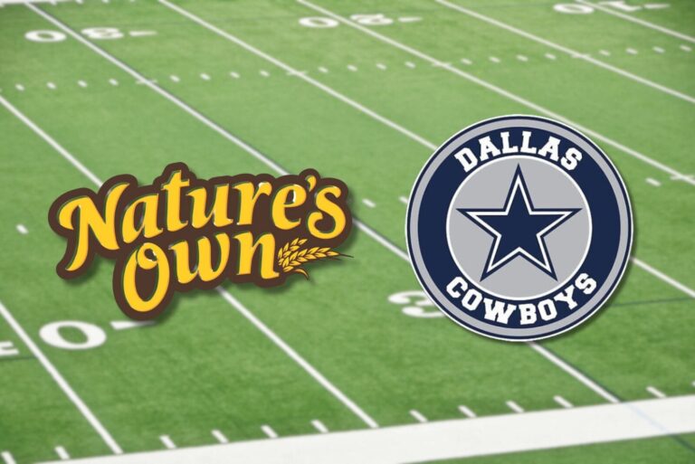 Nature's Own and Dallas Cowboys logos on a football field background.