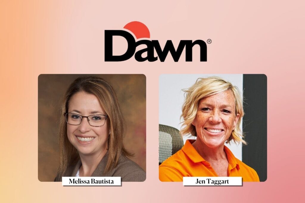 Dawn Foods logo above images of two women in rounded square boxes. From left, Melissa Bautista and Jen Taggart