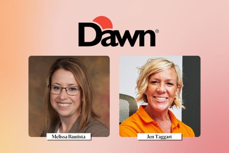 Dawn Foods logo above images of two women in rounded square boxes. From left, Melissa Bautista and Jen Taggart