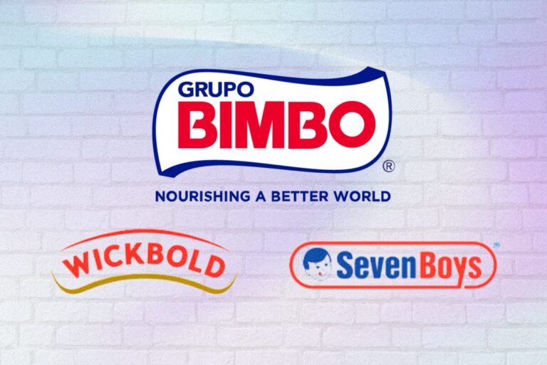 Grupo Bimbo, Wickbold, Seven Boys logos on gradient purple background.