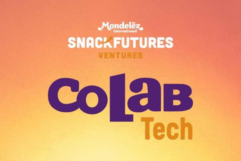 Mondelez Internationl SnackFutures Ventures logo above CoLab Tech logo on orange and yellow background