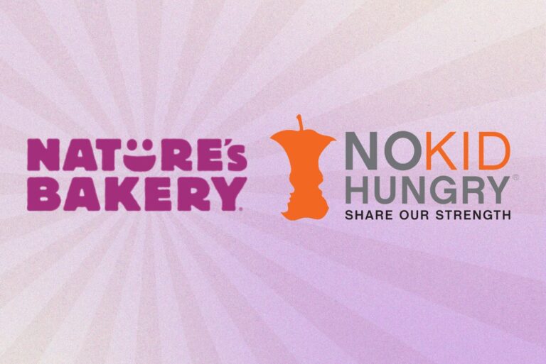 Nature's Bakery and No Kid Hungry logos on gradient purple background.