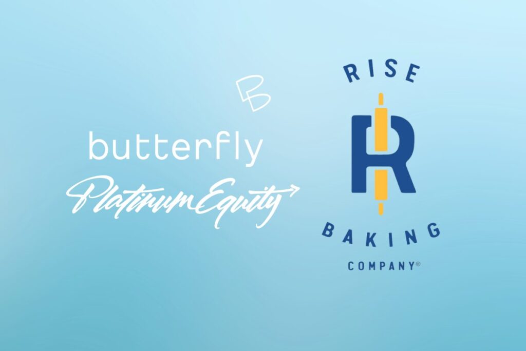 Butterfly Equity and Platinum Equity logos to the left of Rise Baking Compnay logo on light blue background