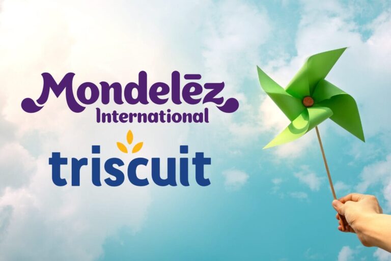 Mondelez International and Triscuit logos on a sky background.