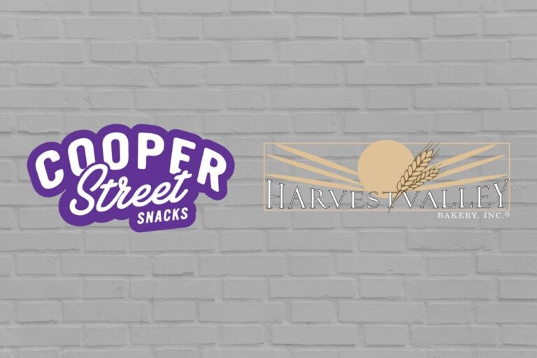 Cooper Street Snacks and Harvest Valley Bakery logos on brick background