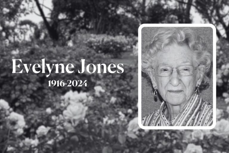 Copy that reads Evelyne Jones 1916-2924 next to image of Evelyne