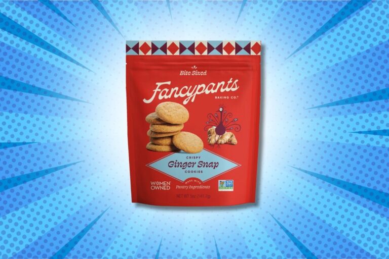 Package of Ginger Snap cookies on gradient blue background.