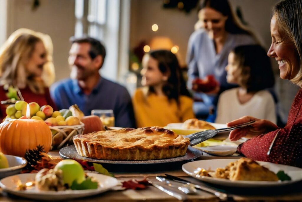 Family around a table eating pie.