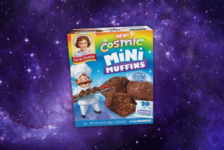 Box of Little Debbie Cosmic Mini Muffins on purple galaxy background