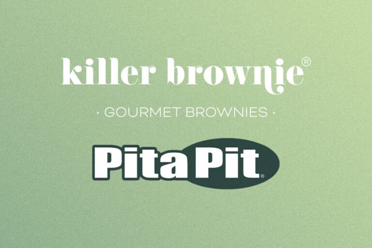 Killer Brownie logo over Pita Pit logo on light green background