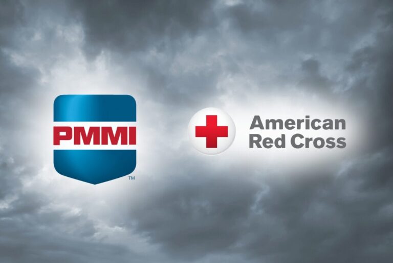 PMMI and American Red Cross logos on a stormy sky background.