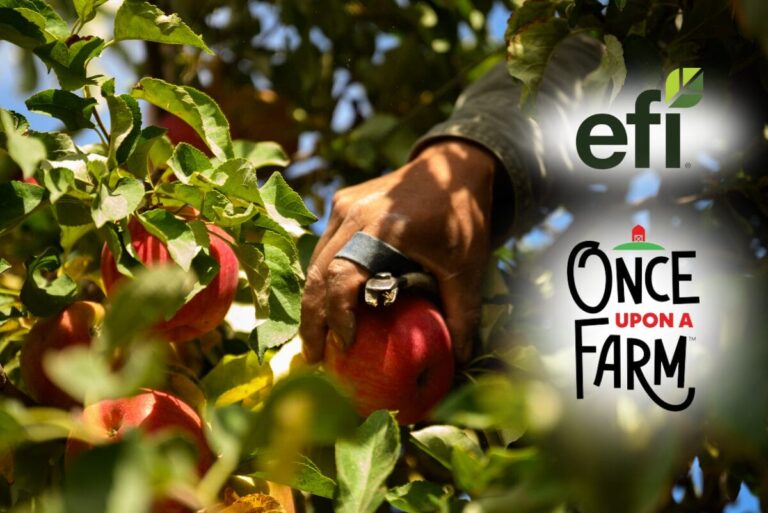 Farmer picking apples with the Equitable Food Initiative and Once Upon a Farm Logos on the right side.