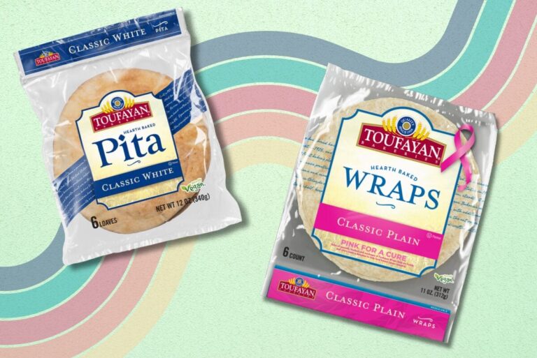 Updated packaging of pita and tortillas on colorful swirl background.