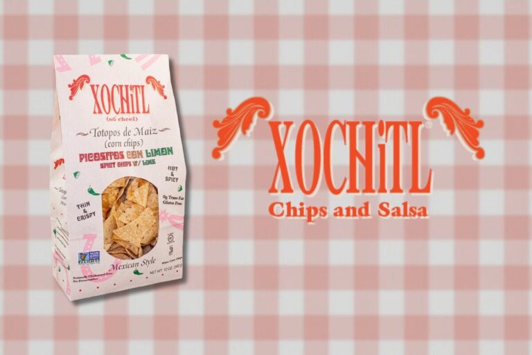 Xochitl's chips with the company logo on picnic-themed background.