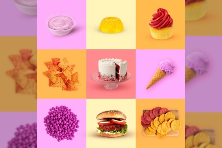 Vibrant colored baked goods and food on yellow and pink grid background