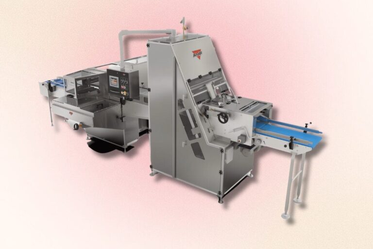 AMF bread slicer and bagger on gradient pink background.