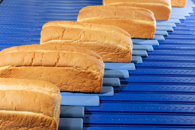 Multiple bread loaves on automated line.