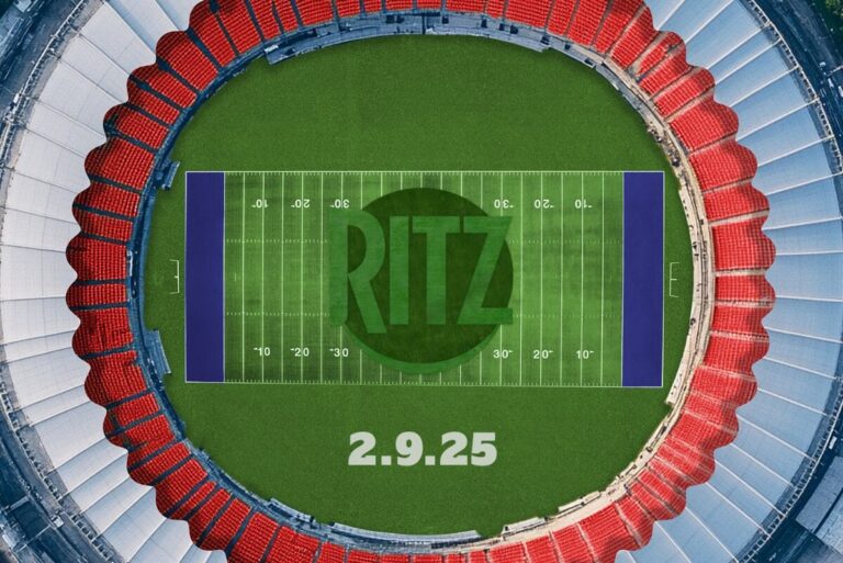 Overhead view of football stadium with Ritz logo in the center