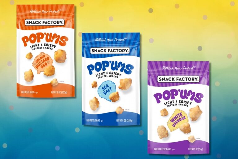 Three packages of Snack Factory's Pop'ums on gradient blue and yellow background with polka dots.