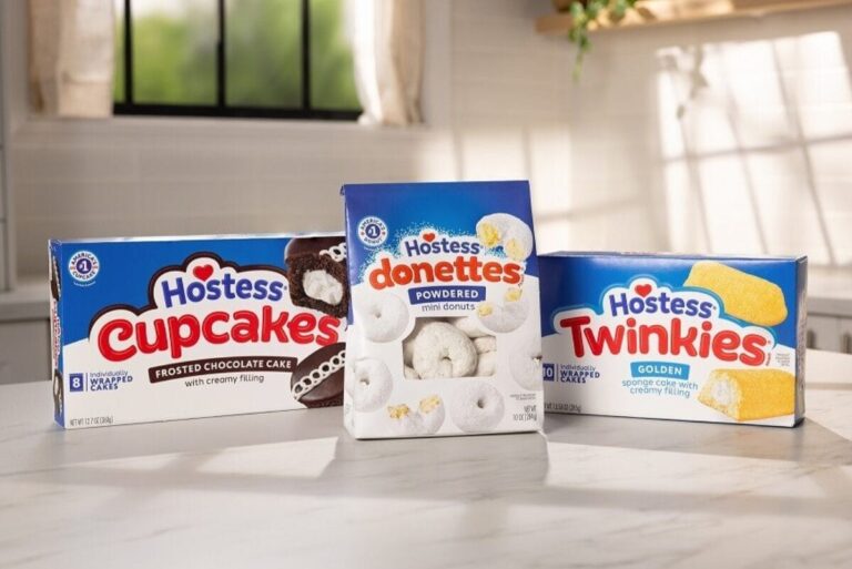 Hostess CupCakes, Donettes and Twinkies with new logo and packaging design on countertop