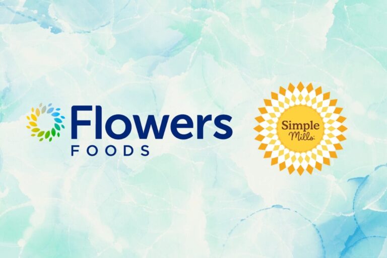 Flowers Foods and Simple Mills logos on bright blue marble background