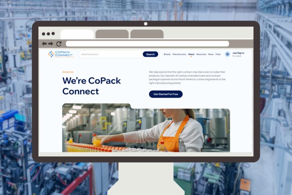 Computer monitor displaying landing page for CoPackConnect.com