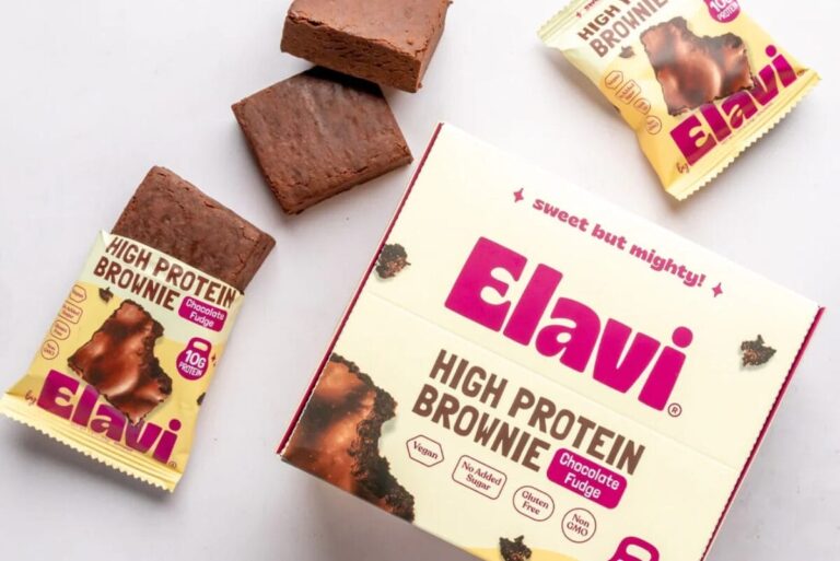 Flat lay of Elavi Protein Brownie box and wrapped packages