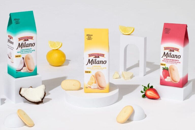 Milano White Chocolate cookie packages in Coconut, Lemon and Strawberry flavors