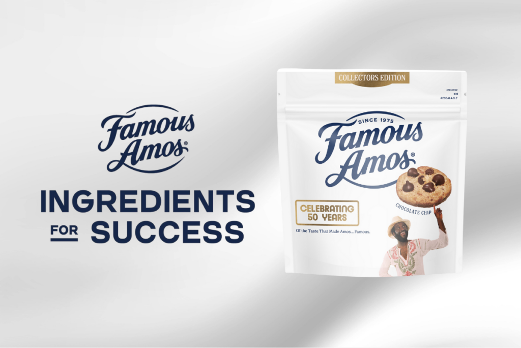 Famous Amos Ingredients for Success logo and 50th anniversary collectors edition packaging of Famous Amos cookies