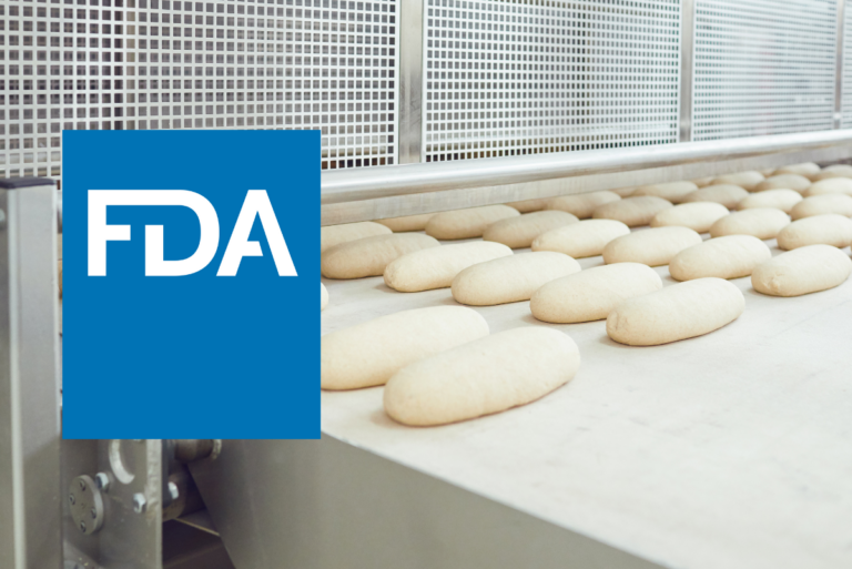 FDA logo and bread dough on production line