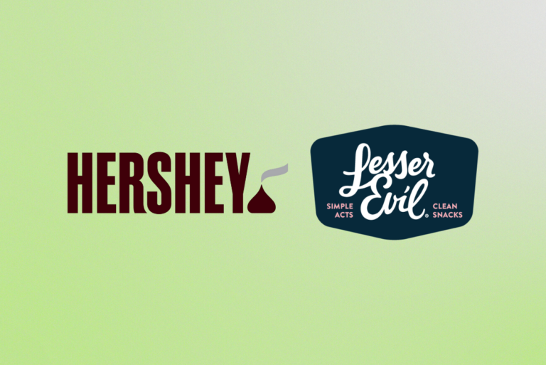 The Hershey Co. and LesserEvil logos on green background